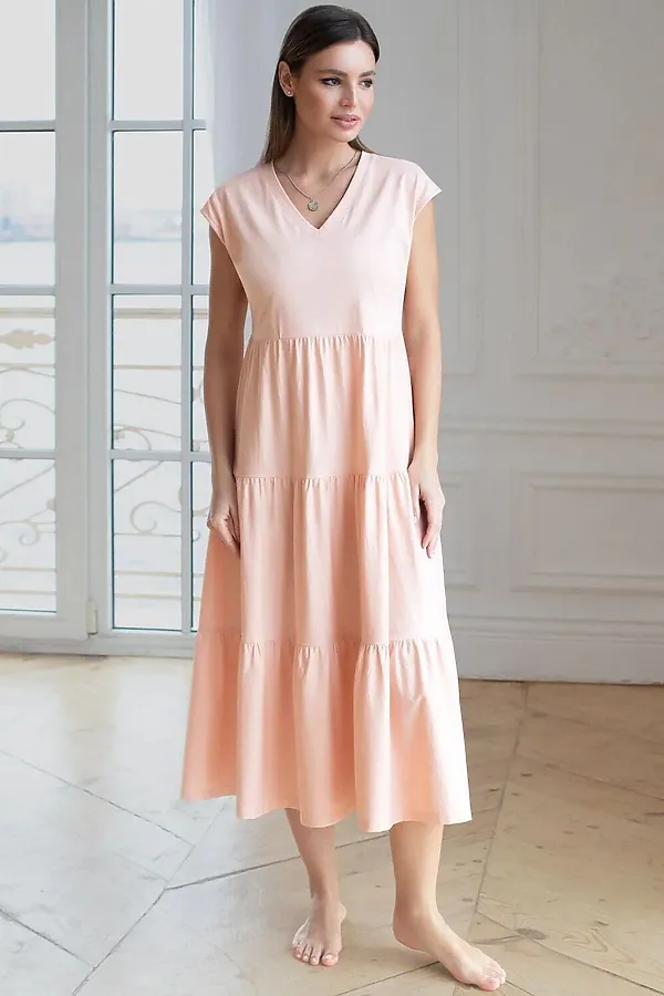 Ярусное платье А силуэта с V вырезом из 100% премиального хлопка VILATTE, пудра - фото 1