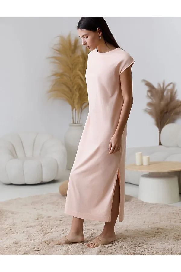 Длинное прямое платье с разрезами из 100% хлопка VILATTE, пудра - фото 1