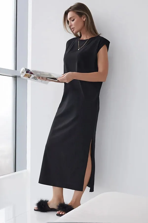 Длинное прямое платье с разрезами из 100% хлопка VILATTE, черный - фото 1
