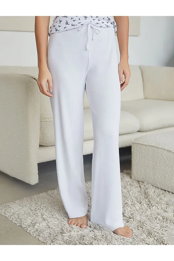 Прямые брюки с поясом на резинке из фактурного трикотажа в рубчик VILATTE, белый - фото 1