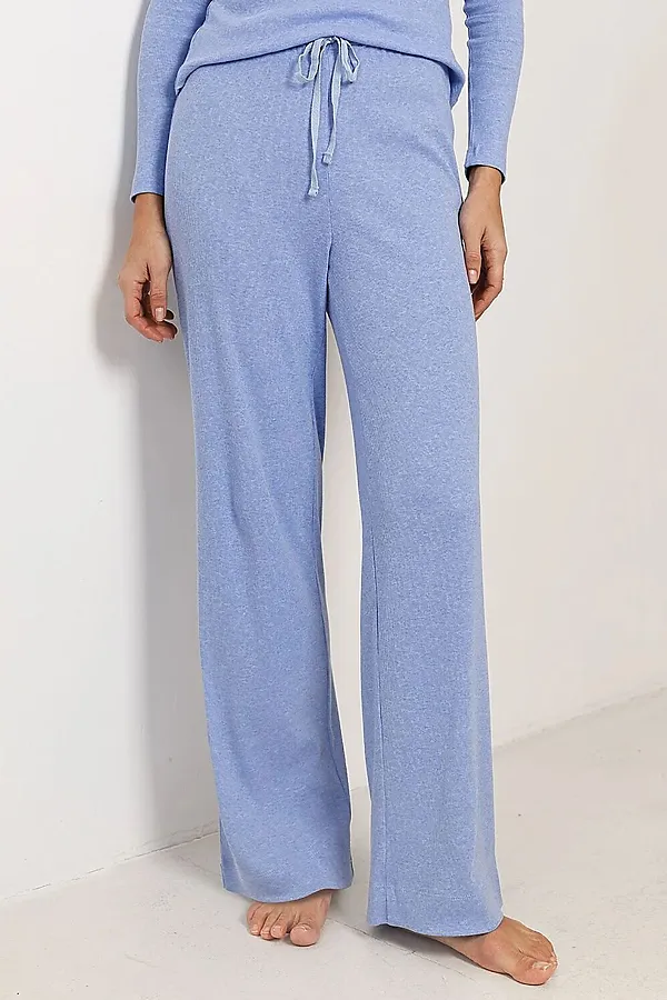Прямые брюки с поясом на резинке из фактурного трикотажа в рубчик VILATTE, голубой меланж - фото 1