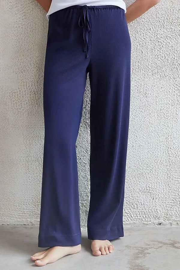 Прямые брюки с поясом на резинке из фактурного трикотажа в рубчик VILATTE, т.синий - фото 1