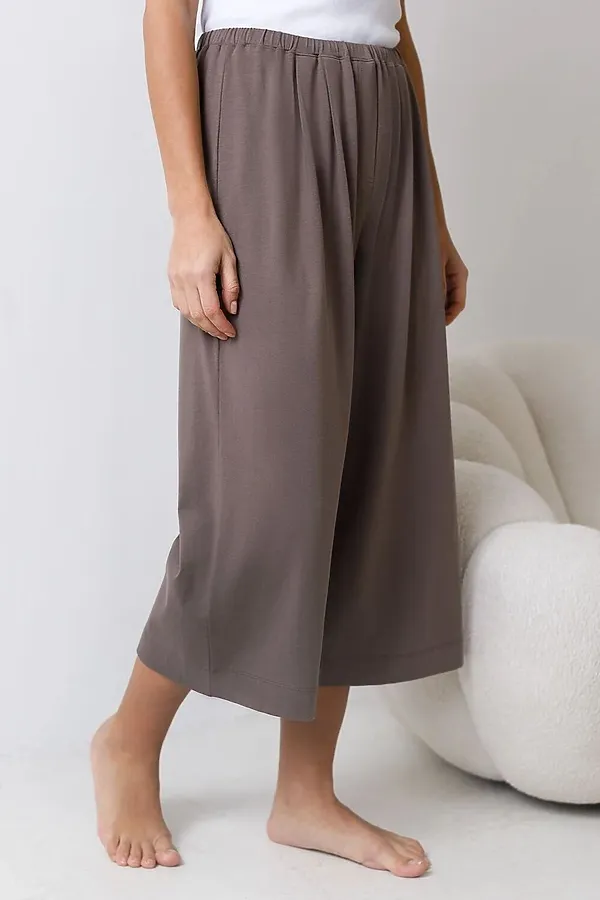 Укороченные широкие брюки кюлоты на резинке из 100% хлопка VILATTE, кофе - фото 1