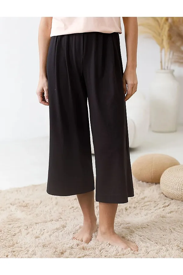 Укороченные широкие брюки кюлоты на резинке из 100% хлопка VILATTE, черный - фото 1