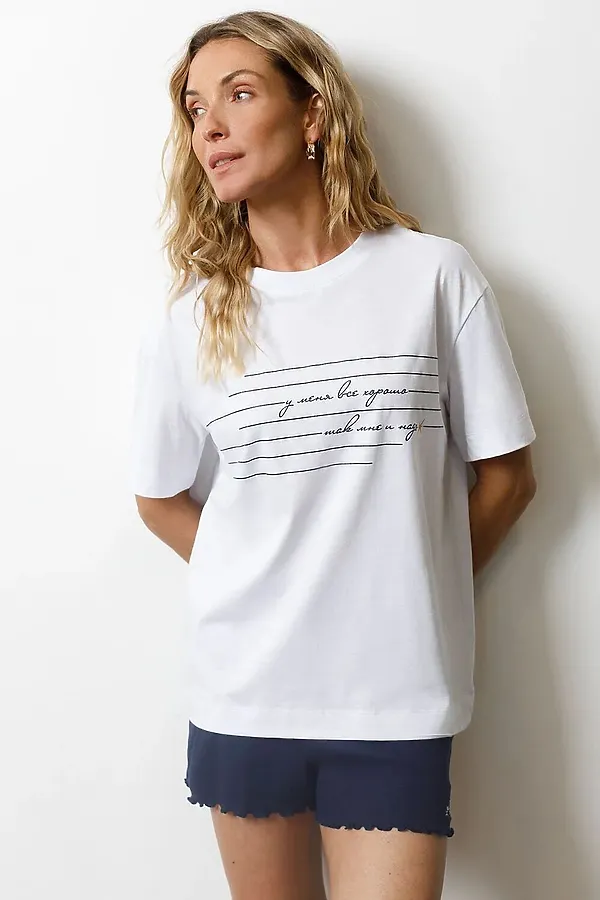 Футболка с принтом свободная из премиального 100% хлопка VILATTE, белый_все_хорошо - фото 1