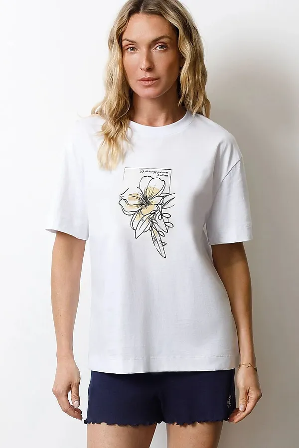 Футболка с принтом свободная из премиального 100% хлопка VILATTE, белый_цветок - фото 1