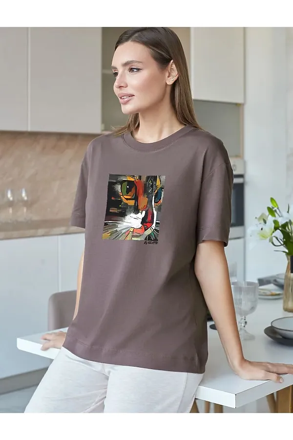Футболка с принтом свободная из премиального 100% хлопка VILATTE, кофе_арт_котик - фото 1