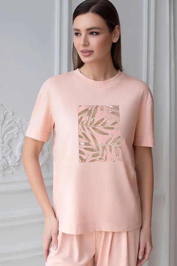 Футболка с принтом свободная из премиального 100% хлопка VILATTE, пудра_листья - фото 1