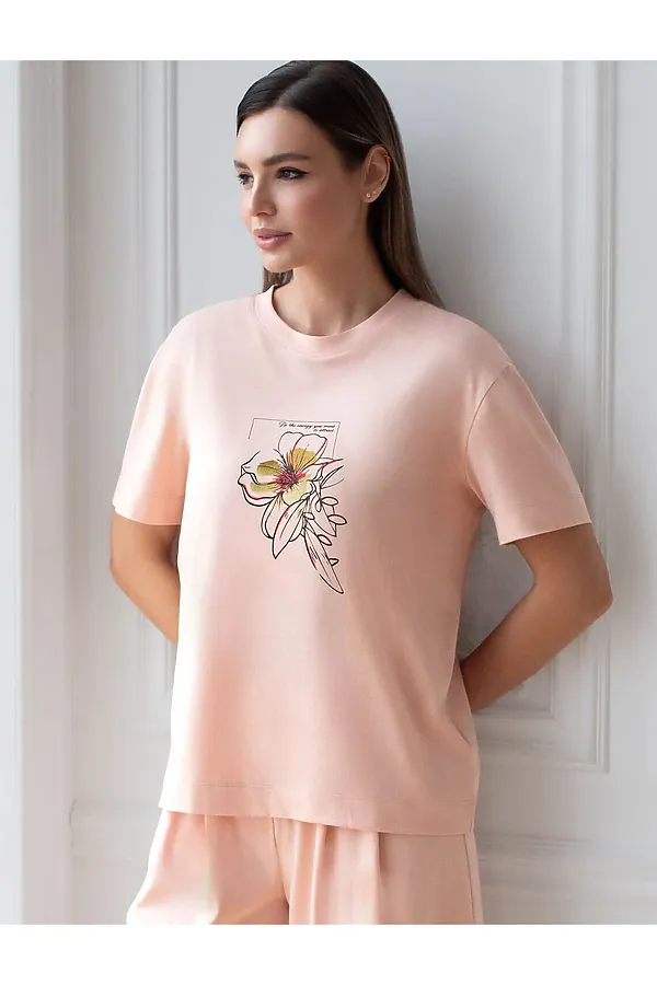 Футболка с принтом свободная из премиального 100% хлопка VILATTE, пудра_цветок - фото 1