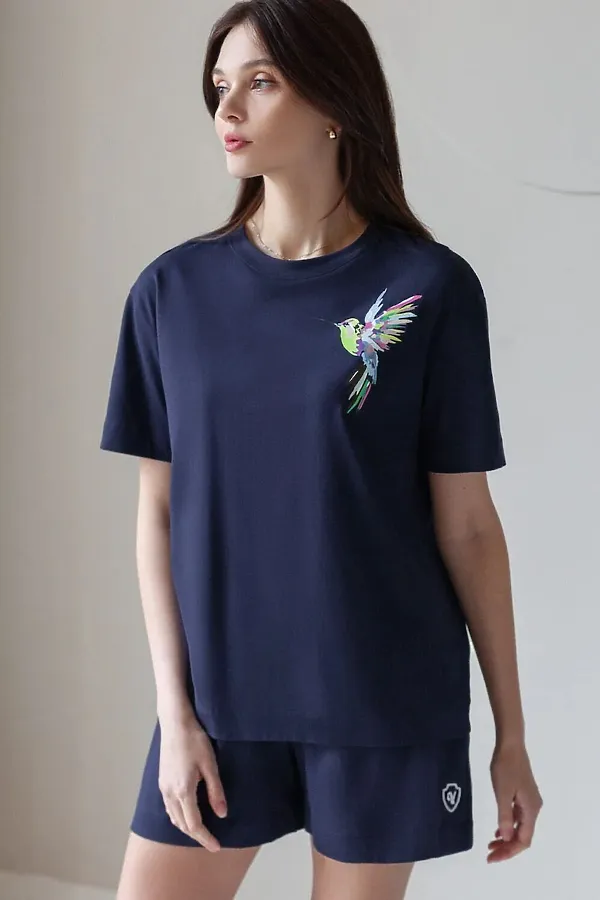 Футболка с принтом свободная из премиального 100% хлопка VILATTE, т.синий_колибри - фото 1