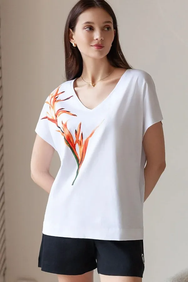 Свободная футболка с V-вырезом и цельнокроеным рукавом из 100% хлопка с принтом VILATTE, белый_тропический цветок - фото 1