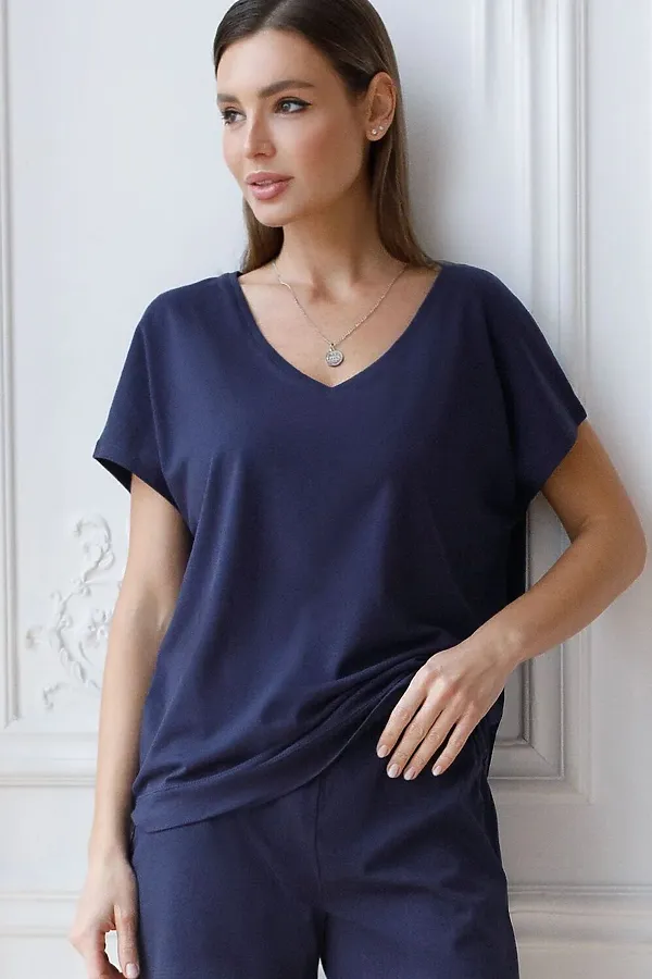 Свободная футболка с V-вырезом и цельнокроеным рукавом из 100% хлопка VILATTE, т.синий - фото 1