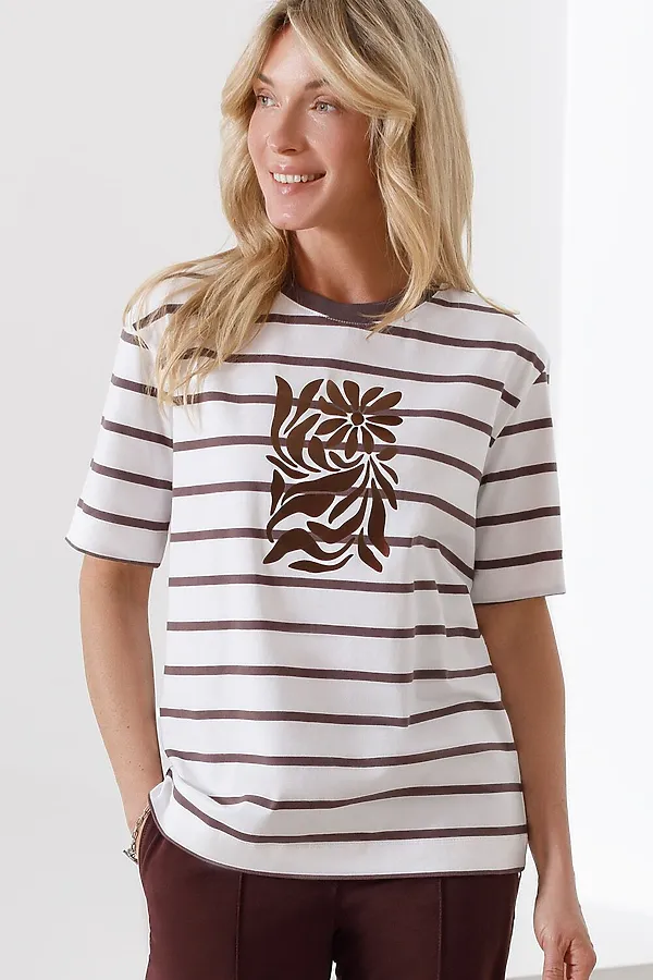 Свободная футболка в широкую полоску с принтом из премиального хлопка с эластаном VILATTE, белый-кофе_цветок - фото 1