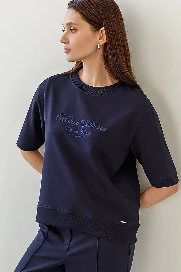 Футболка свободная с принтом из футера двухнитки с эластаном VILATTE, т.синий_vintage - фото 1