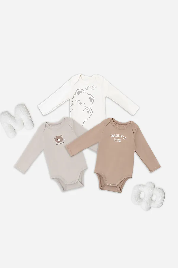 Боди детское (3шт.) MARK FORMELLE, молочный +серо-коричневый +бежевый +печать - фото 1