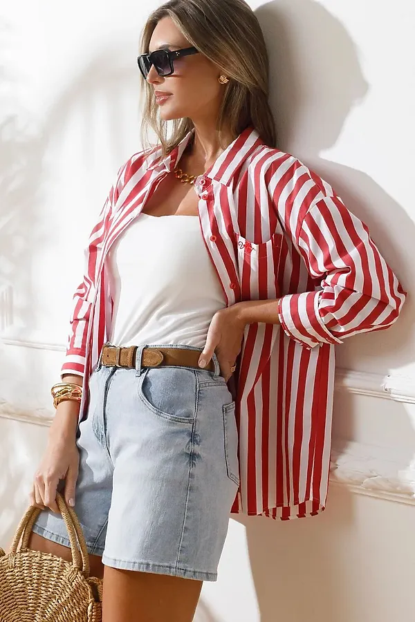 Блузка свободного силуэта в полоску из эластичного хлопка VILATTE, белый-красный - фото 1