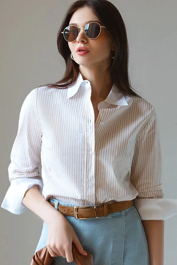 Блузка приталенного силуэта в полоску из эластичного хлопка VILATTE, белый-желтый - фото 1