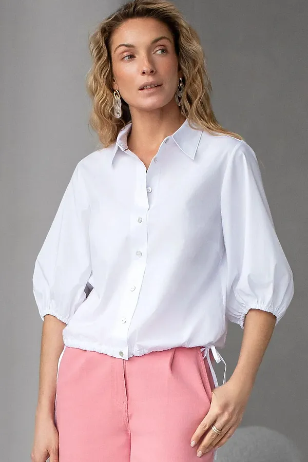 Укороченная блузка с рукавами буфами и с кулиской по низу из эластичного хлопка VILATTE, белый - фото 1