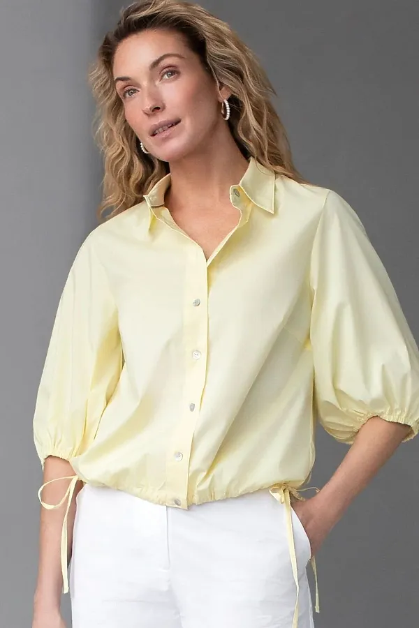 Укороченная блузка с рукавами буфами и с кулиской по низу из эластичного хлопка VILATTE, лимонный - фото 1