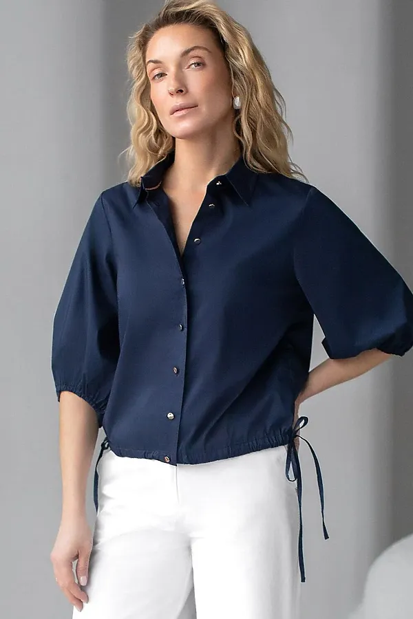 Укороченная блузка с рукавами буфами и с кулиской по низу из эластичного хлопка VILATTE, темно-синий - фото 1