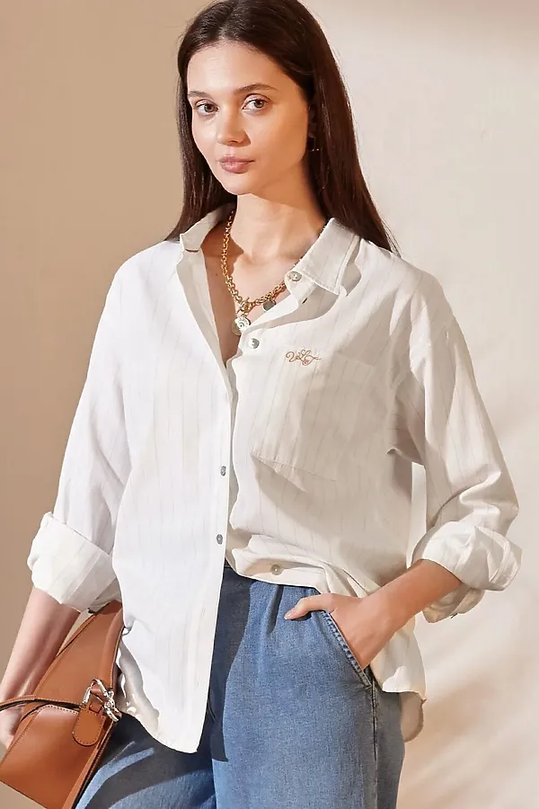 Блузка свободного силуэта в тонкую полоску из эластичного хлопка с добавлением льна VILATTE, молочный-бежевый - фото 1