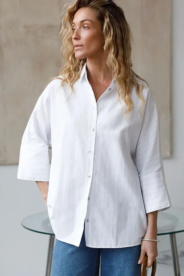 Блузка в полоску с цельнокроеным рукавом 3/4 из эластичного хлопка с добавлением льна VILATTE, белый-лавандовый - фото 1