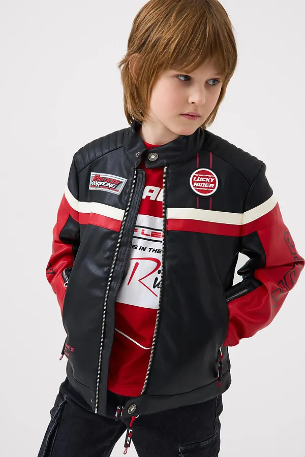 Куртка кожаная для мальчиков PLAYTODAY, черный,белый,красный - фото 1