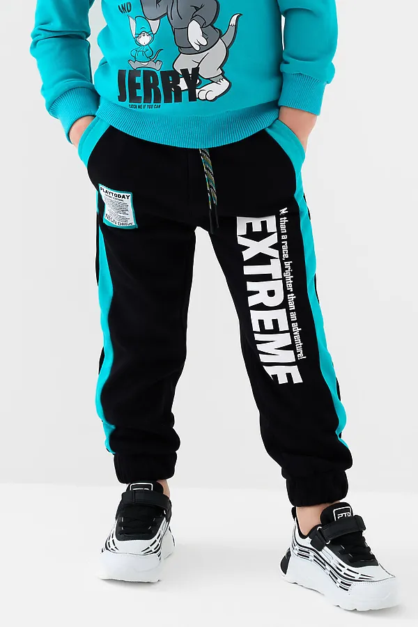 Брюки трикотажные для мальчиков PLAYTODAY, черный,бирюзовый - фото 1