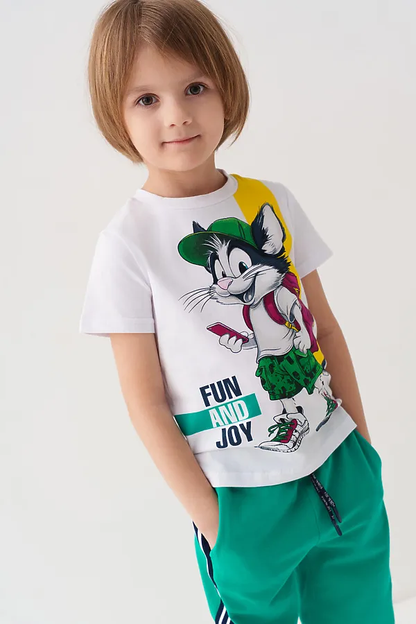 Комплект трикотажный для мальчиков: фуфайка (футболка), брюки PLAYTODAY, белый,зеленый - фото 1