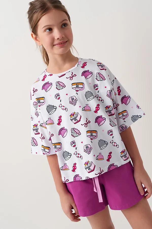 Комплект трикотажный для девочек: фуфайка (футболка), шорты PLAYTODAY, разноцветный - фото 1