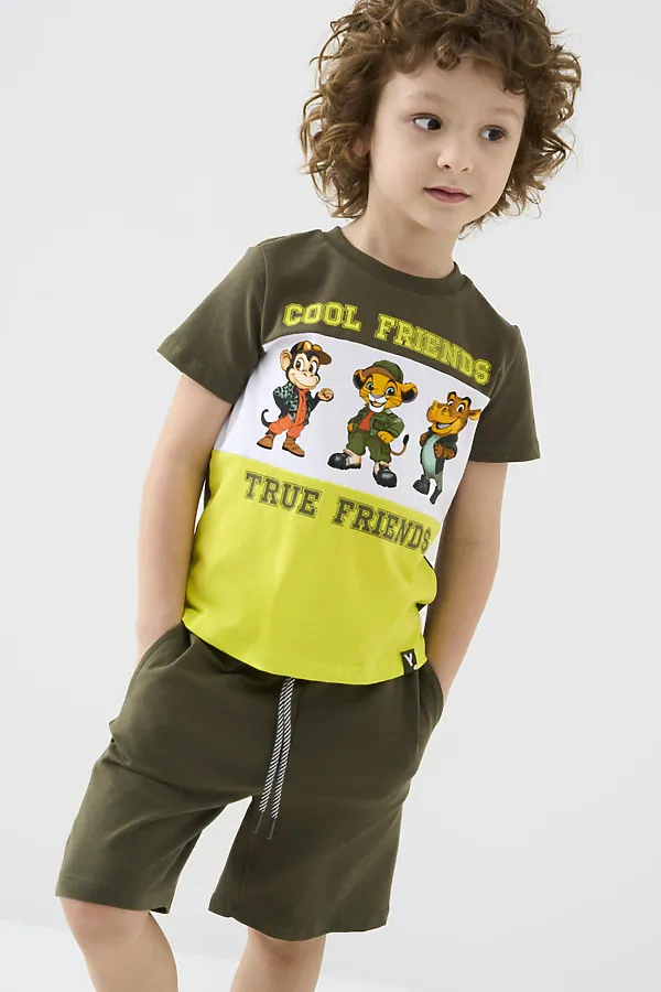 Комплект трикотажный для мальчиков: фуфайка (футболка), шорты PLAYTODAY, белый,светло-зеленый,темно-зеленый - фото 1