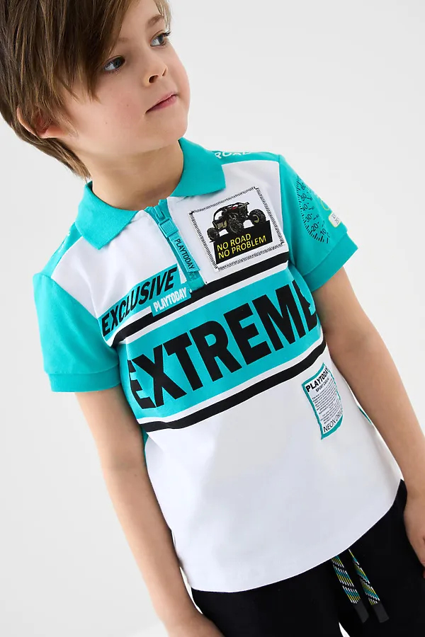 Джемпер трикотажный с воротником поло для мальчиков PLAYTODAY, белый,бирюзовый - фото 1