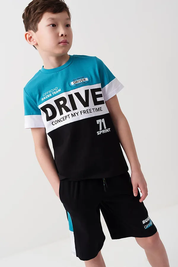 Комплект трикотажный для мальчиков: фуфайка (футболка), шорты PLAYTODAY, белый,черный,бирюзовый - фото 1