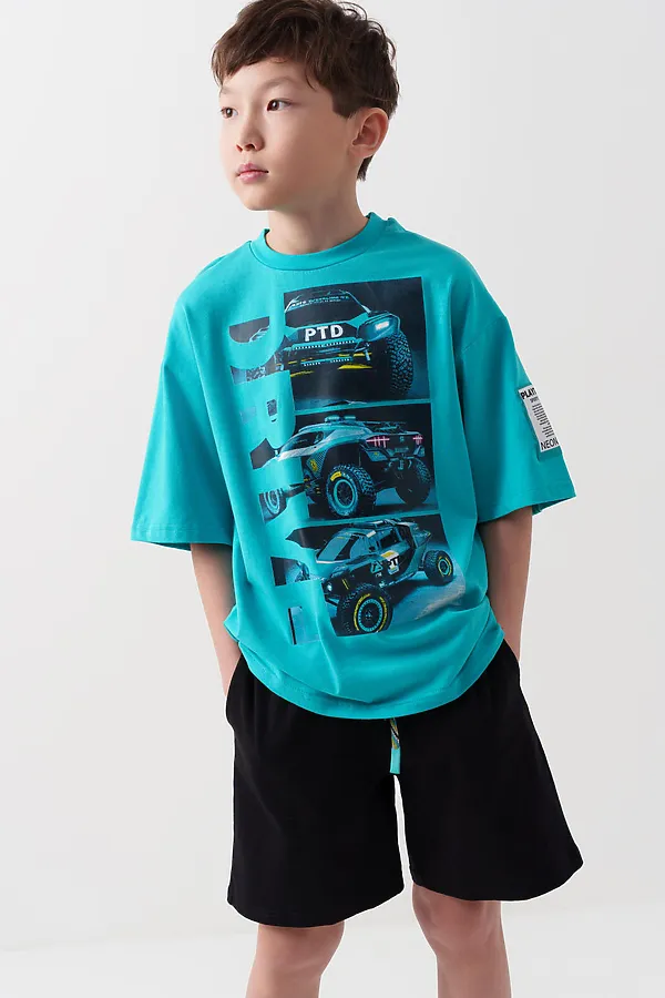 Комплект трикотажный для мальчиков: фуфайка (футболка), шорты PLAYTODAY, черный,бирюзовый - фото 1