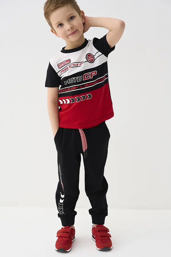 Комплект трикотажный для мальчиков: фуфайка (футболка), брюки PLAYTODAY, черный,белый,красный - фото 1