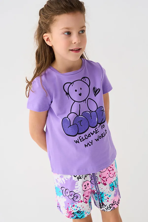 Комплект трикотажный для девочек: фуфайка (футболка), шорты PLAYTODAY, разноцветный - фото 1