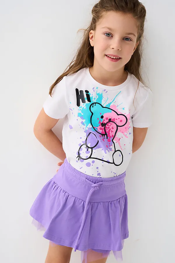Комплект трикотажный для девочек: фуфайка (футболка), юбка-шорты PLAYTODAY, сиреневый,белый - фото 1