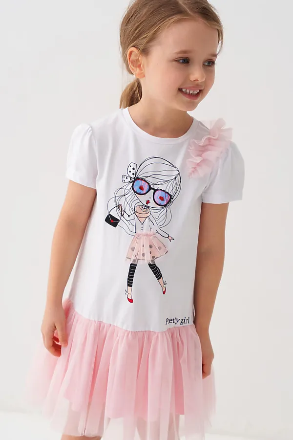 Платье трикотажное для девочек PLAYTODAY, белый,бежевый - фото 1