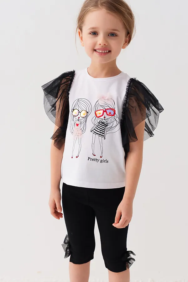 Комплект трикотажный для девочек: джемпер (футболка), брюки (легинсы укороченные) PLAYTODAY, белый,черный - фото 1