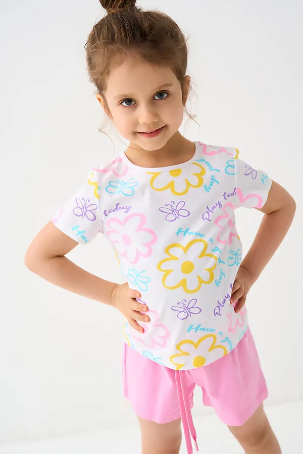 Комплект трикотажный для девочек: фуфайка (футболка), шорты PLAYTODAY, белый,розовый - фото 1