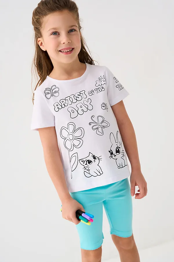 Комплект для девочек: фуфайка трикотажная (футболка), фломастеры для рисования по ткани PLAYTODAY, разноцветный - фото 1