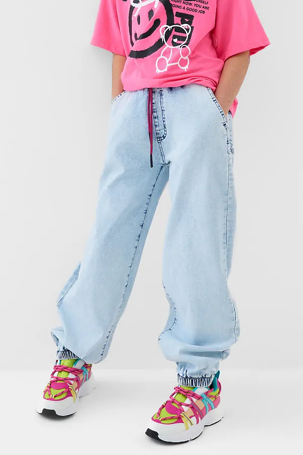 Брюки текстильные джинсовые для девочек PLAYTODAY, синий - фото 1