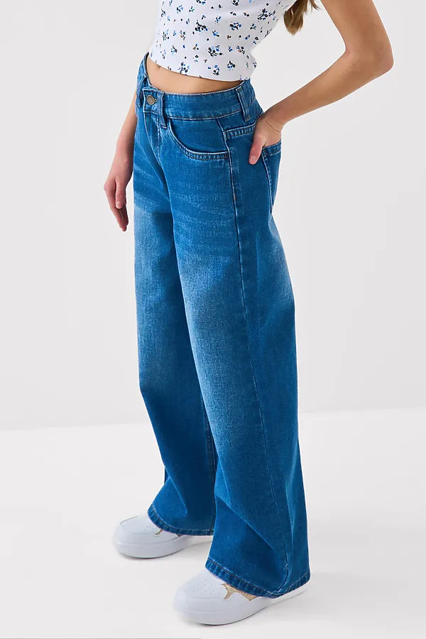 Брюки текстильные джинсовые для девочек PLAYTODAY, синий - фото 1