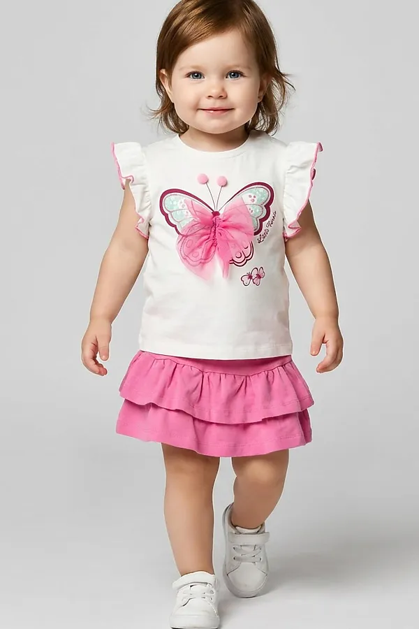 Комплект детский трикотажный для девочек: джемпер (футболка), юбка-шорты PLAYTODAY, розовый,белый - фото 1