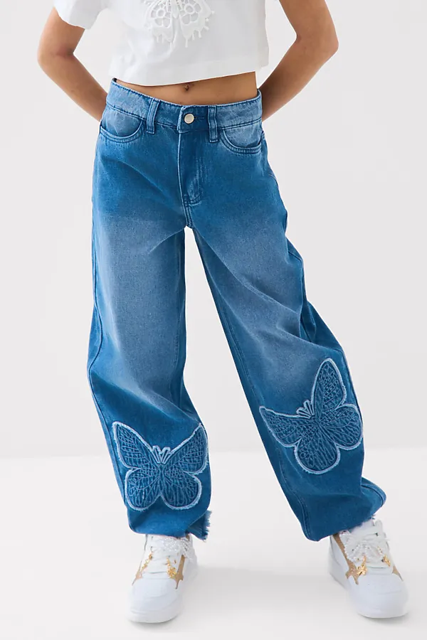 Брюки текстильные джинсовые для девочек PLAYTODAY, синий - фото 1