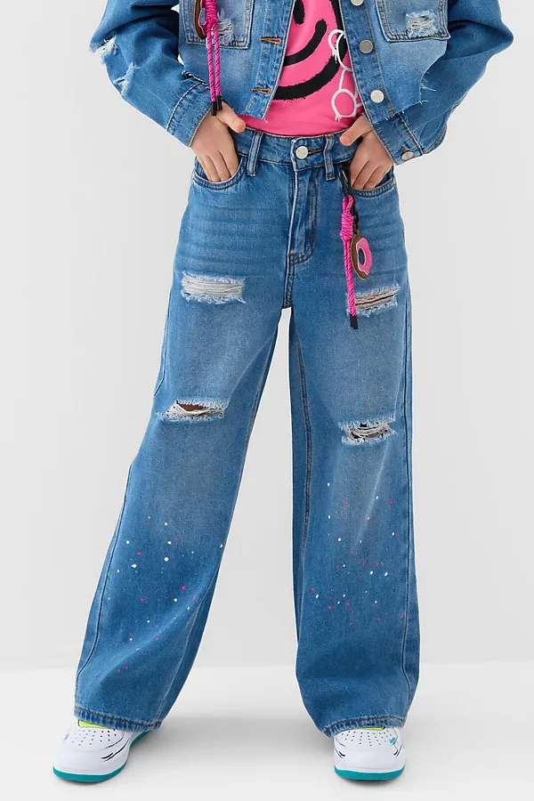 Брюки текстильные джинсовые для девочек PLAYTODAY, синий - фото 1