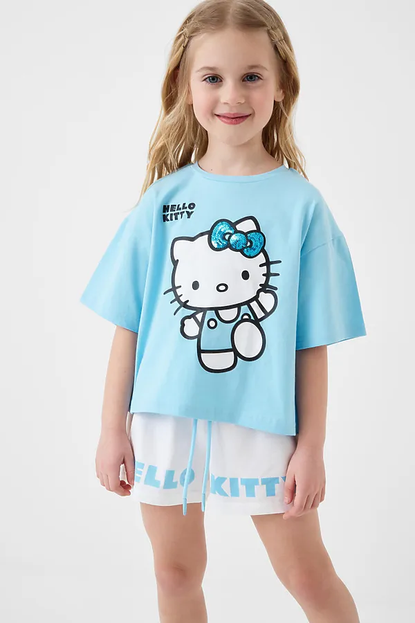 Комплект трикотажный для девочек: фуфайка (футболка), шорты PLAYTODAY, голубой,белый - фото 1
