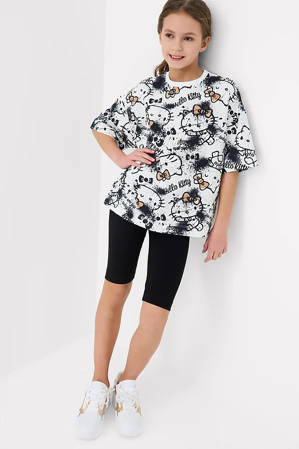 Комплект трикотажный для девочек: брюки (легинсы укороченные), фуфайка (футболка) PLAYTODAY, темно-серый,белый,бежевый - фото 1