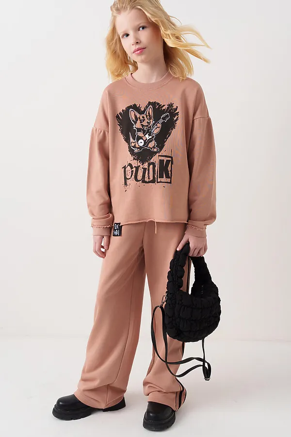 Комплект трикотажный для девочек: толстовка, брюки PLAYTODAY, охра - фото 1