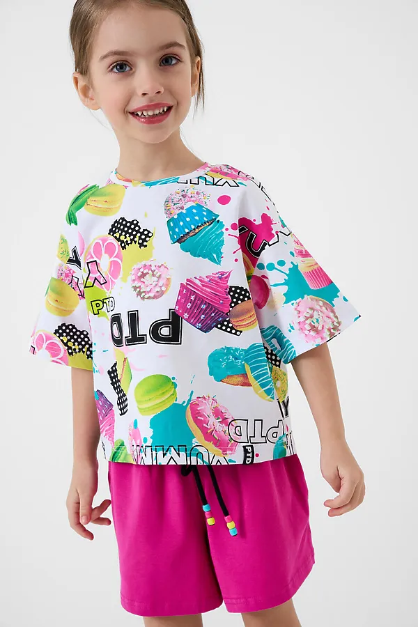 Комплект трикотажный для девочек: фуфайка (футболка), шорты PLAYTODAY, разноцветный - фото 1